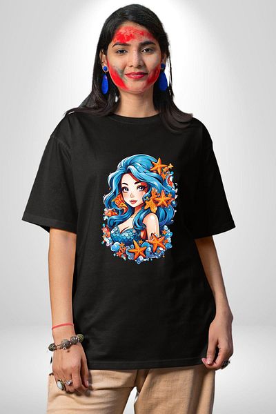Angemiel Mermaid Starfish Blue Haired Cotton Crew Neck Women Men Oversize Boyfriend Digital Bass