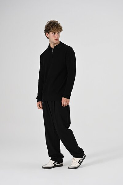 Dembu Polo Yaka Uzun Kollu Triko Tişört Siyah