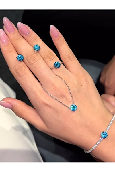 azo jewellery Mükemmel 4lü set 925 ayar gümüş kaliteli aqua renk Taşı (su yol...