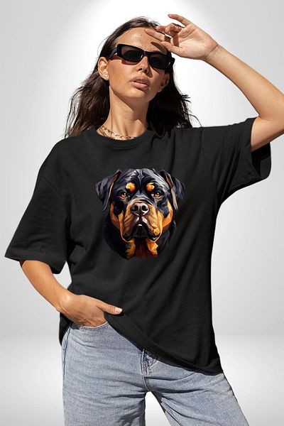 Angemiel Rottweiler Head Cotton Crew Neck Women Men Oversize Boyfriend Digital Printed Black T-shirt