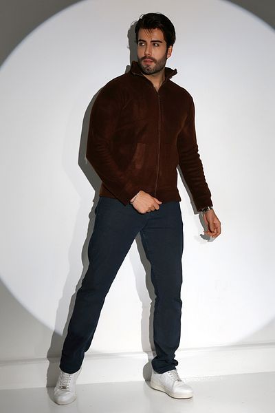 DİVİSTA Men's Standard Fit Stand Collar Full Zipper Brown Fleece