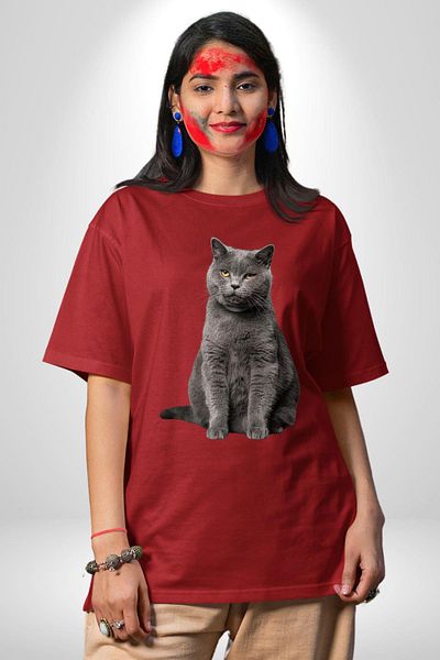 Angemiel British Shorthair Cat Cotton Crew Neck Women Men Oversize Boyfriend Digital Printed Red