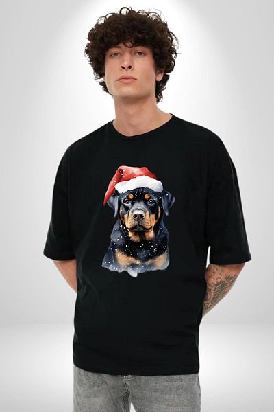 Angemiel New Year Christmas Rottweiler Cotton Crew Neck Women Men Oversize Boyfriend Digital Printed Black