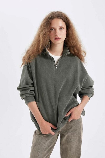 DeFacto Oversize mikina Wide Fit z tlusté tkaniny s polovičním zipem