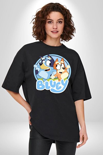 Angemiel Bluey Cotton Crew Neck για Γυναικεία Ανδρικά Oversize Boyfriend Ψηφιακό εμπριμέ μαύρο μπλουζάκι