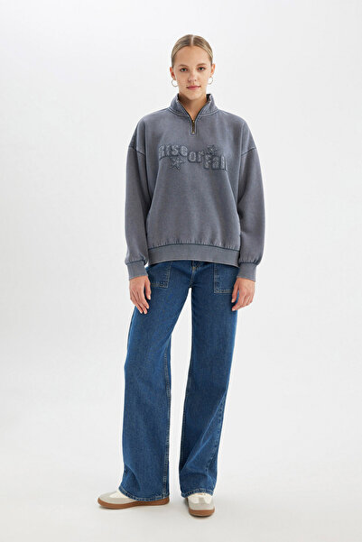 DeFacto Silná látková mikina volného střihu s polovičním zipem