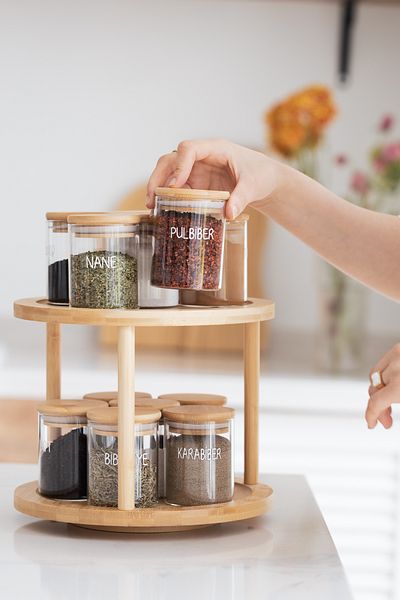 Dekorzdükkan Set of 12 Glass Jar Spice Jars with Rotating Stand Bamboo Vacuum Lids (25 Foil Cut Labels)