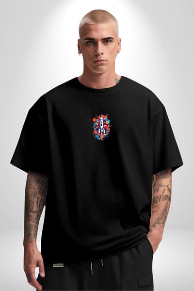 Angemiel Space Rocket Black Oversize T-Shirt - Men and Women, Minimal Printed