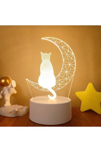 WLFYS 1 Colors 1pc Moon Cat 3d Night Light, 3d Optical Illusion Lamp With Touch, 7-color Changing Ambient