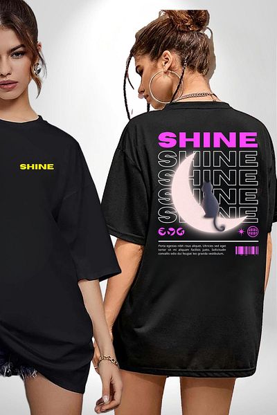 Angemiel Black Oversize Women's/Men's T-Shirt - Shining Cat Printed, Front and Back Detail