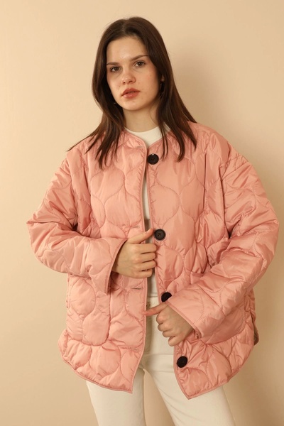 Genel Markalar Jesica Kumaş  Soğan Desen Kapitone Kadın Mont-PUDRA/MİNT