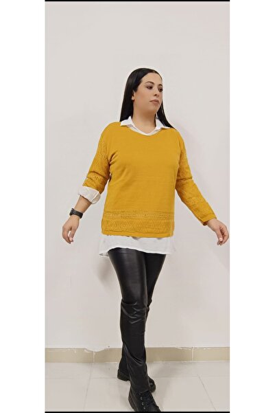 AKŞEN GİYİM ÖRME AJURLU YUMOŞ TRİKO BLUZ VE BEYAZ GÖMLEK KOMBİN