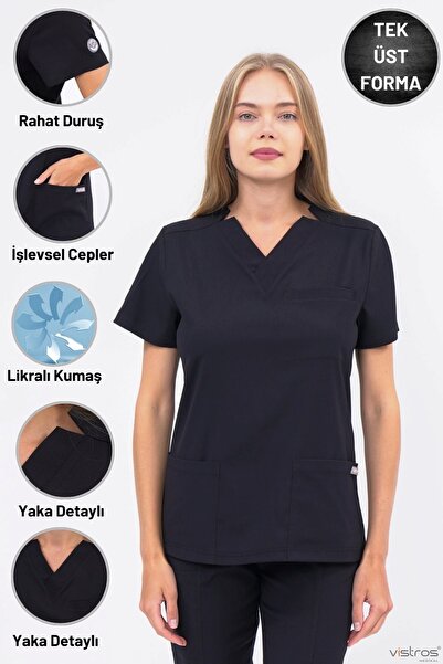 Vistros Medikal Likralı Üst Kısa Kollu V Yaka Yüksek Kaliteli Siyah Scrubs Hemşire Doktor Üniforma (Üst) V-014U