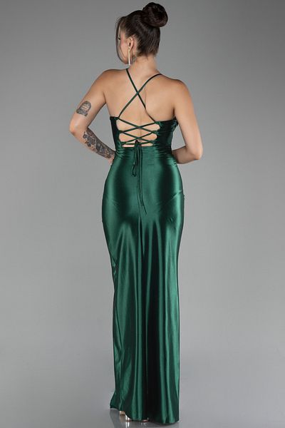 Abiyefon Long Satin Evening Dress - Emerald Green, Leg Cut-Out and Underwire Corset ABU3247
