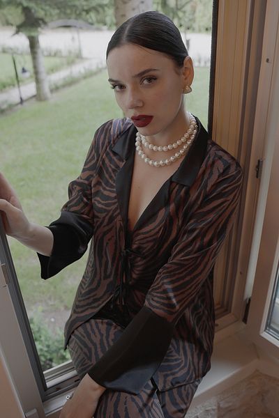 Mita Concept Brown Patterned Satin Women's Pjamas Set