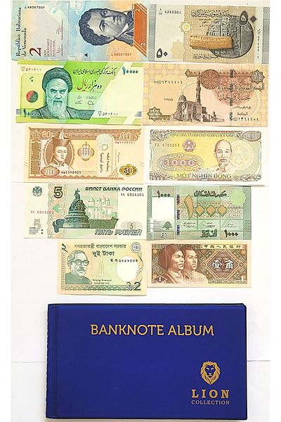 3Alp Koleksiyon Σετ χαρτονομισμάτων World Countries, 10 διαφορετικές χώρες και άλμπουμ νομισμάτων 20 σελίδων, μπλε χρώμα