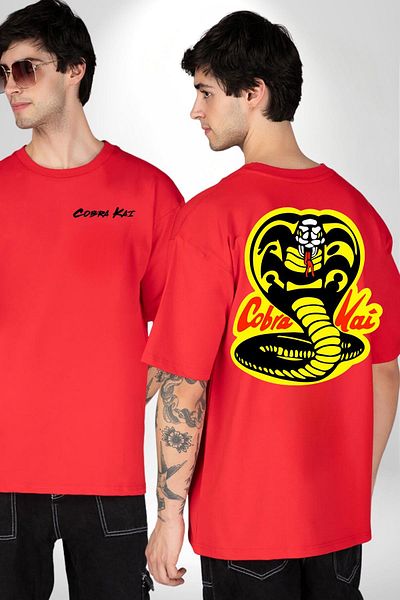 Angemiel Cobra Kai Karete Children's Snake Logo Series Red Oversize Women Men Front and Back Printed T-shirt