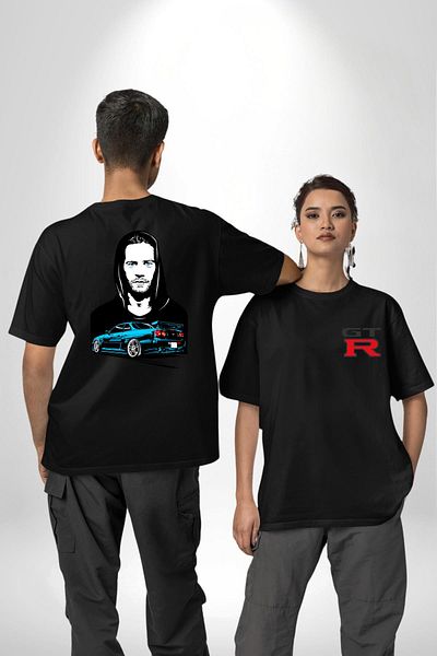 Angemiel Nissan GTR Fast And Furious Black Oversize T-Shirt - Guy Walker Singapore Model, Men and Women Printed