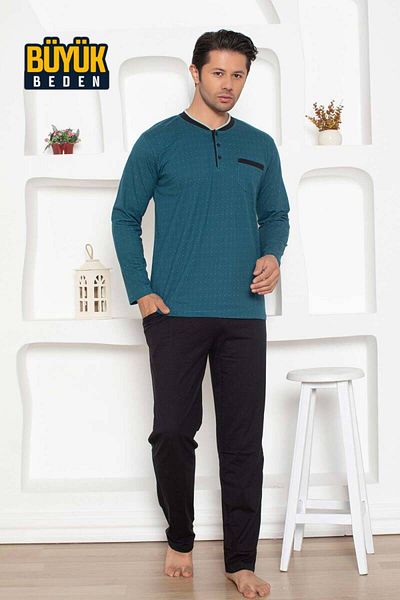 ALİMER Plus Size Men's Pajamas Set - Petrol Color Long Sleeve Combed Cotton 1204Uyb