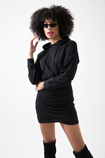 muub's Trend Kapüşonlu Beli Lastikli Drapeli Mini Sweat Elbise