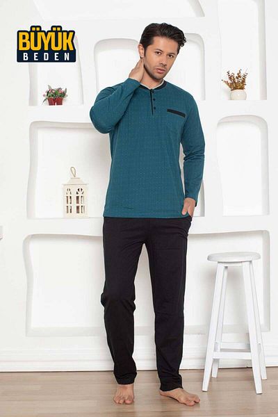 ALİMER Plus Size Men's Pajamas Set - Petrol Color Long Sleeve Combed Cotton 1204Uyb