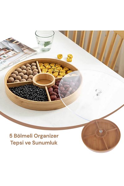 Kitchen Way Bamboo Breakfast Dragee Snack Bowl Organizer - 5 Compartments, Lid Kw-167 Fma 001673