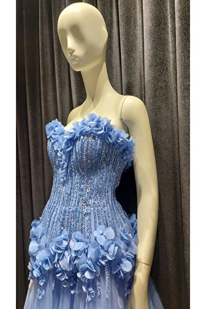 ÖMÜR INN Kraliyet Mavisi Pul Ve Boncuk Şeritli Üç Boyutlu Çiçekli Uzun Abiye ...