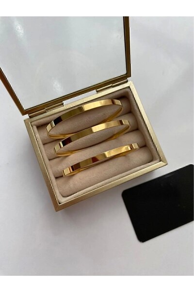 X-Lady Accessories Çelik Gold Detaylı 3’lü Kalın Düz Ajda Bilezik 6.5mm 22 Cm