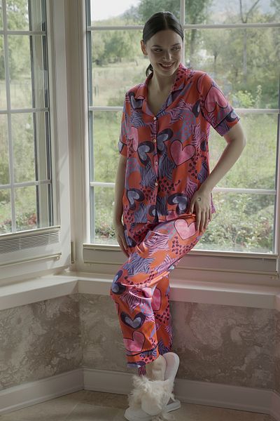 Mita Concept Heart Patterned Satin Women's Pjamas Suit
