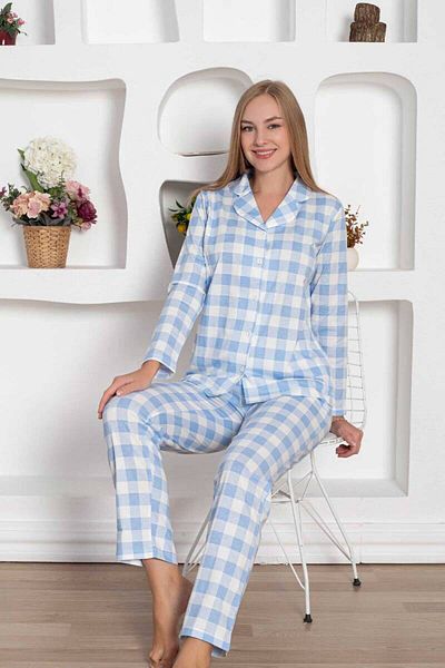 Miss Merveille Set de pijamale pentru femei cu nasturi în carouri - Bumbac pieptănat cu mânecă lungă albastră 2793uy