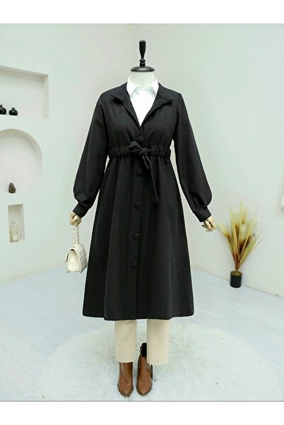 Modamorfo Waist-tied ball button cashmere coat - black