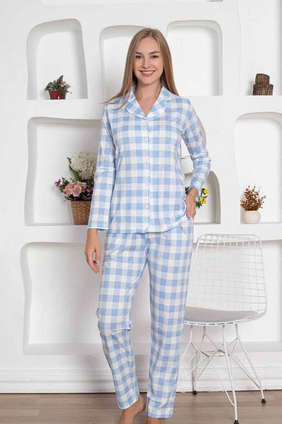 Miss Merveille Set de pijamale pentru femei cu nasturi în carouri - Bumbac pieptănat cu mânecă lungă albastră 2793uy
