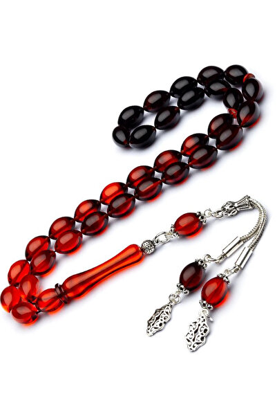 OTTOTESBİH Gift, Silver Tasseled Orange Black Color Filtered Fire Amber Prayer Beads