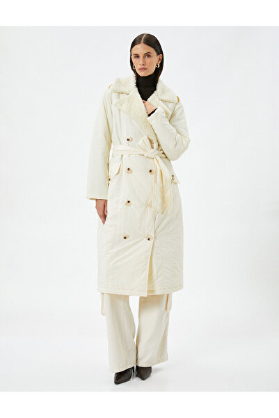 Koton Midi Zweireiher Mantel Plüsch Kragen Geknöpft Gürtel Tasche