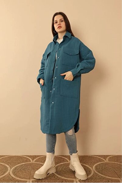 Genel Markalar Jakar Kumaş Küçük Pitikare Oversize Uzun Gömlek-İndigo