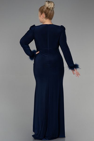 Abiyefon Navy Blue Irritated Long Sleeve Plus Size Evening Dress Abu2832