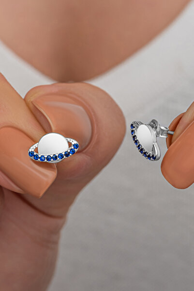 Nereze 925 Ayar Gümüş Rodyum Kaplama Minik Mavi Zirkon Taşlı Gezegen Küpe