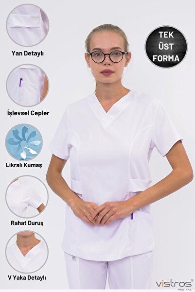 Vistros Medikal Likralı Üst - Kısa Kollu V Yaka Yüksek Kaliteli Beyaz Scrubs Hemşire Doktor Üniforma (Üst) V-015U