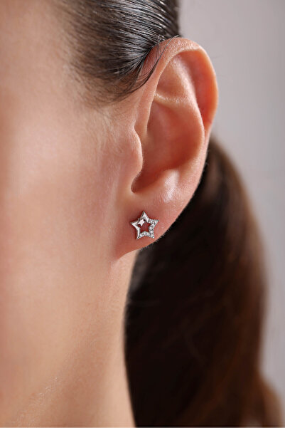 Nereze 925 Ayar Gümüş Rodyum Kaplama Minik Zirkon Taşlı Çift Yıldız Küpe