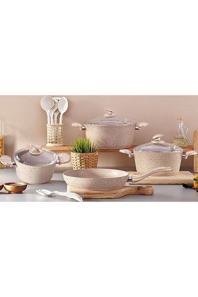 Bonera Marbella Cream Granite 13 Piece Set - 18-20-26cm Pot and 6 Piece Spoons