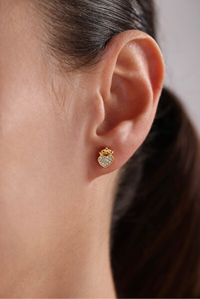 Nereze 925 Ayar Gümüş Gold Kaplama Minik Kral Tacı Kalp Küpe