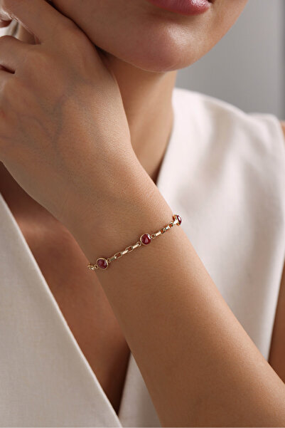 Gianfranco 14 Ayar Altın Bordeaux Taşlı Minio Ataş Bileklik