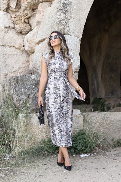 bytugcekaya Beige Snake Pattern Padded Dress