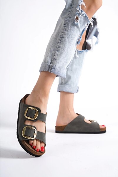 EFW Anetta Kadın Kalın Çift Toka Haki Terlik