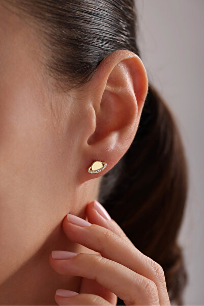 Nereze 925 Ayar Gümüş Gold Kaplama Minik Beyaz Zirkon Taşlı Gezegen Küpe