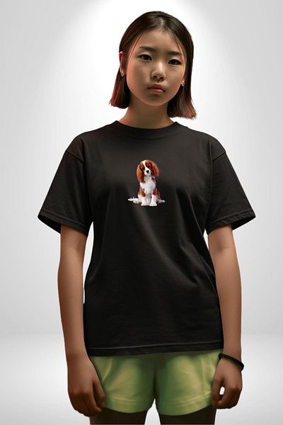 Angemiel Cavalier King Charles Spaniel Pattern Black Oversize T-Shirt - Women/Men, Minimal Printed