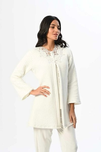BEYVİP Women's Ecru Lace Special Design Winter 100% Cotton Maternity Maternity Dressing Pajamas Set