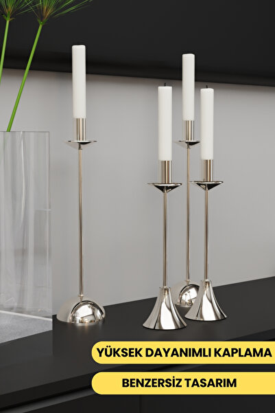 mba decor metal bending art Lüks Gümüş 4'lü Şamdan Seti - Paslanmaz Metal Dek...