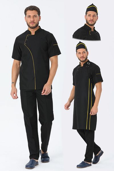 TIPTEKS Men's Comfort Black Cook Jacket + Cap and Sling Apron - Yellow Piping / Black Pants Set of Four
