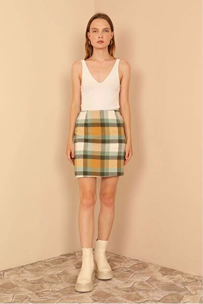 Genel Markalar Oduncu Kumaş Mini Boy Dar Kalıp Çizgili Kadın Etek-Camel